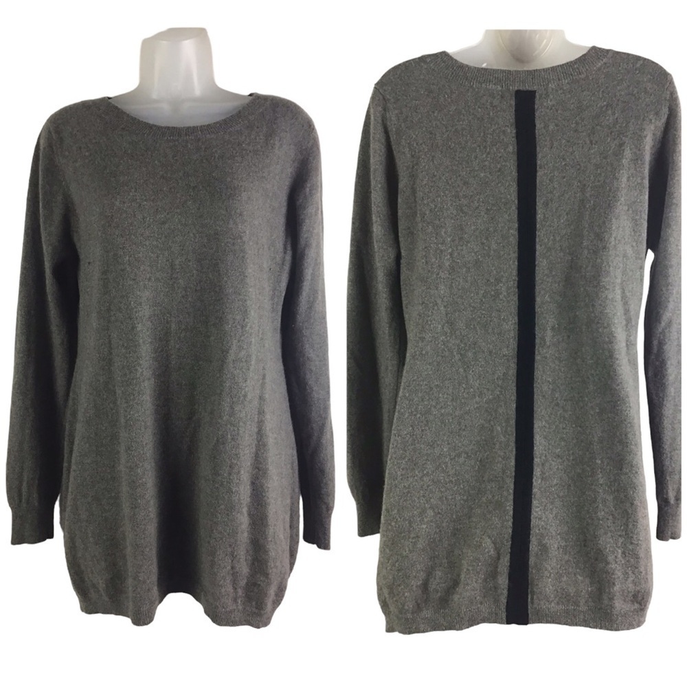 ply cashmere Gray Knit Long Sleeve Sweater with Black Back Stripe Detail